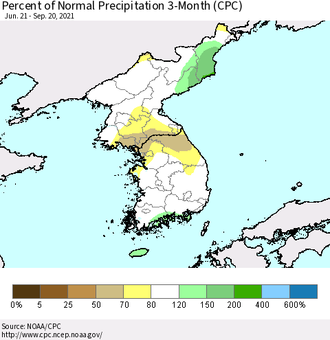 Korea Percent of Normal Precipitation 3-Month (CPC) Thematic Map For 6/21/2021 - 9/20/2021