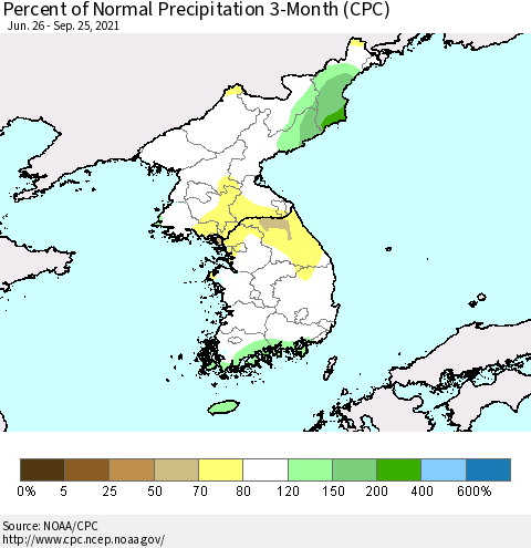 Korea Percent of Normal Precipitation 3-Month (CPC) Thematic Map For 6/26/2021 - 9/25/2021