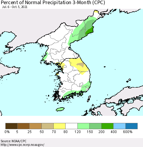 Korea Percent of Normal Precipitation 3-Month (CPC) Thematic Map For 7/6/2021 - 10/5/2021