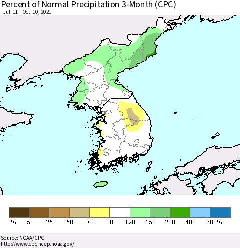 Korea Percent of Normal Precipitation 3-Month (CPC) Thematic Map For 7/11/2021 - 10/10/2021