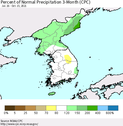 Korea Percent of Normal Precipitation 3-Month (CPC) Thematic Map For 7/16/2021 - 10/15/2021