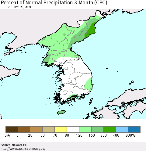 Korea Percent of Normal Precipitation 3-Month (CPC) Thematic Map For 7/21/2021 - 10/20/2021