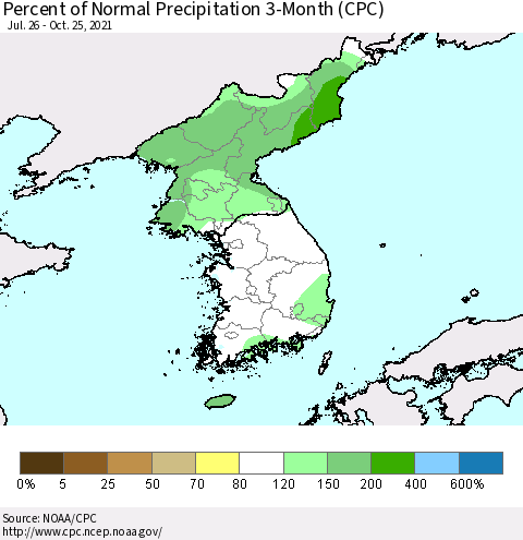 Korea Percent of Normal Precipitation 3-Month (CPC) Thematic Map For 7/26/2021 - 10/25/2021