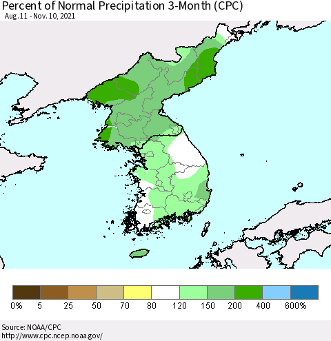 Korea Percent of Normal Precipitation 3-Month (CPC) Thematic Map For 8/11/2021 - 11/10/2021