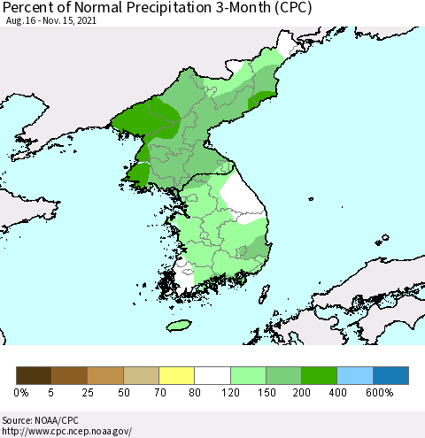 Korea Percent of Normal Precipitation 3-Month (CPC) Thematic Map For 8/16/2021 - 11/15/2021