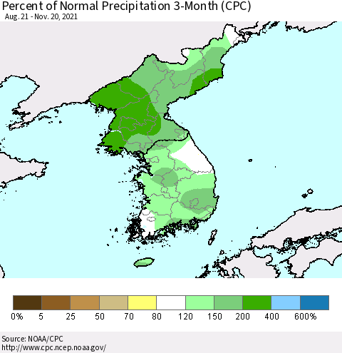 Korea Percent of Normal Precipitation 3-Month (CPC) Thematic Map For 8/21/2021 - 11/20/2021