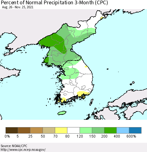 Korea Percent of Normal Precipitation 3-Month (CPC) Thematic Map For 8/26/2021 - 11/25/2021