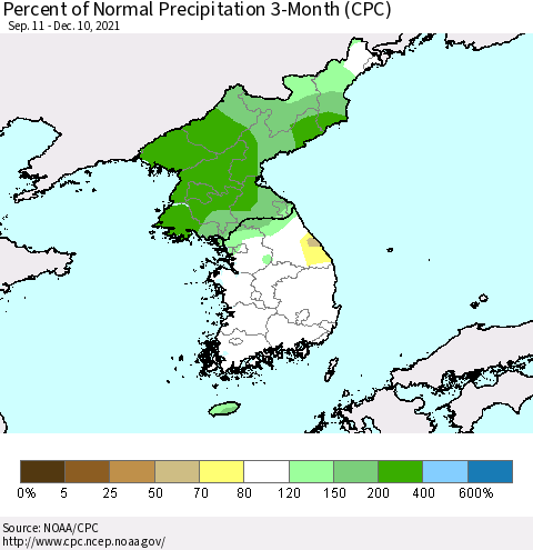 Korea Percent of Normal Precipitation 3-Month (CPC) Thematic Map For 9/11/2021 - 12/10/2021