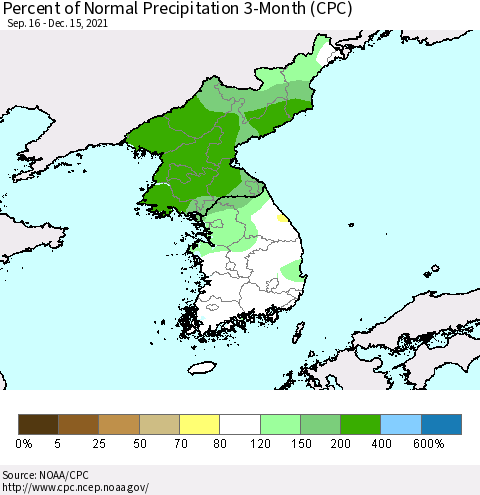Korea Percent of Normal Precipitation 3-Month (CPC) Thematic Map For 9/16/2021 - 12/15/2021