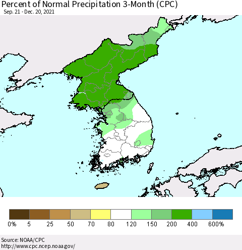 Korea Percent of Normal Precipitation 3-Month (CPC) Thematic Map For 9/21/2021 - 12/20/2021