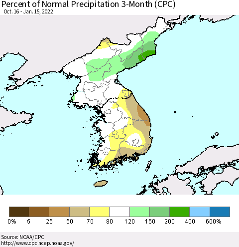 Korea Percent of Normal Precipitation 3-Month (CPC) Thematic Map For 10/16/2021 - 1/15/2022