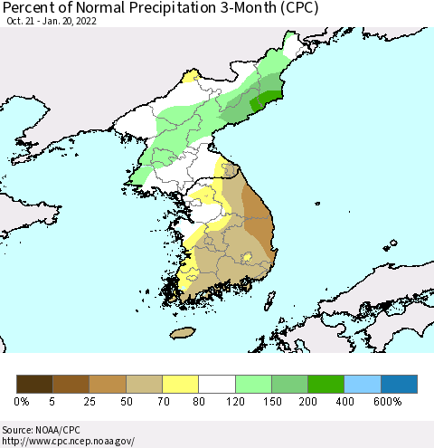 Korea Percent of Normal Precipitation 3-Month (CPC) Thematic Map For 10/21/2021 - 1/20/2022