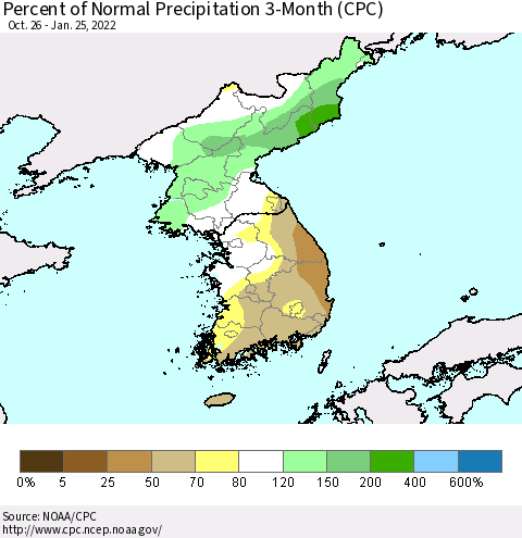 Korea Percent of Normal Precipitation 3-Month (CPC) Thematic Map For 10/26/2021 - 1/25/2022