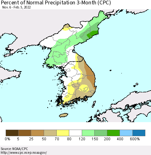 Korea Percent of Normal Precipitation 3-Month (CPC) Thematic Map For 11/6/2021 - 2/5/2022
