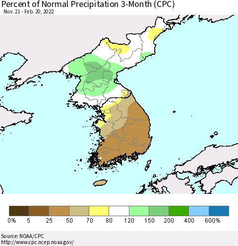 Korea Percent of Normal Precipitation 3-Month (CPC) Thematic Map For 11/21/2021 - 2/20/2022
