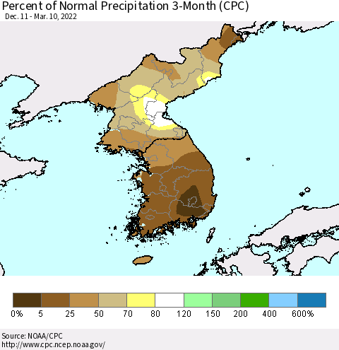 Korea Percent of Normal Precipitation 3-Month (CPC) Thematic Map For 12/11/2021 - 3/10/2022