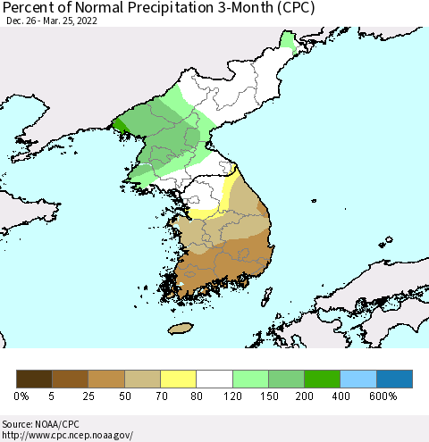 Korea Percent of Normal Precipitation 3-Month (CPC) Thematic Map For 12/26/2021 - 3/25/2022