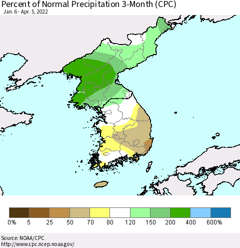 Korea Percent of Normal Precipitation 3-Month (CPC) Thematic Map For 1/6/2022 - 4/5/2022