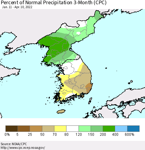 Korea Percent of Normal Precipitation 3-Month (CPC) Thematic Map For 1/11/2022 - 4/10/2022