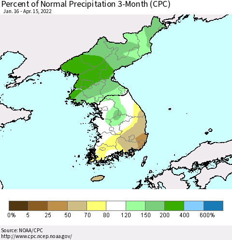 Korea Percent of Normal Precipitation 3-Month (CPC) Thematic Map For 1/16/2022 - 4/15/2022