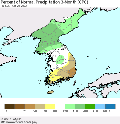 Korea Percent of Normal Precipitation 3-Month (CPC) Thematic Map For 1/21/2022 - 4/20/2022