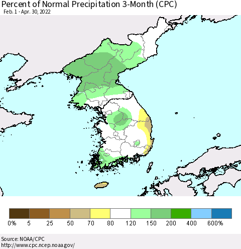 Korea Percent of Normal Precipitation 3-Month (CPC) Thematic Map For 2/1/2022 - 4/30/2022