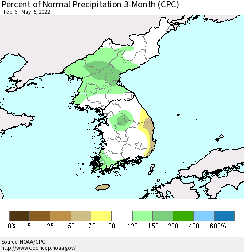 Korea Percent of Normal Precipitation 3-Month (CPC) Thematic Map For 2/6/2022 - 5/5/2022