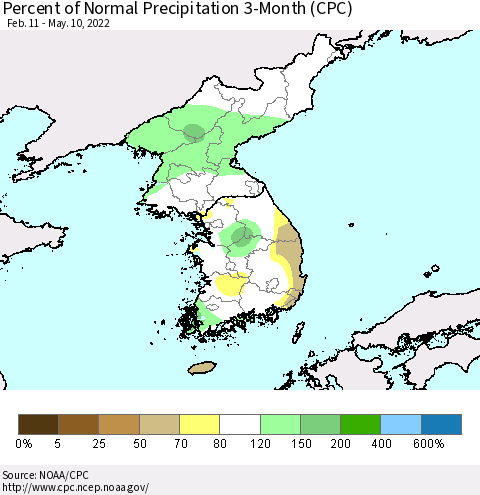 Korea Percent of Normal Precipitation 3-Month (CPC) Thematic Map For 2/11/2022 - 5/10/2022