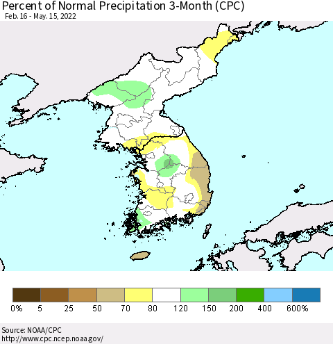 Korea Percent of Normal Precipitation 3-Month (CPC) Thematic Map For 2/16/2022 - 5/15/2022