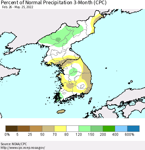 Korea Percent of Normal Precipitation 3-Month (CPC) Thematic Map For 2/26/2022 - 5/25/2022