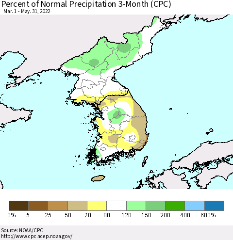 Korea Percent of Normal Precipitation 3-Month (CPC) Thematic Map For 3/1/2022 - 5/31/2022