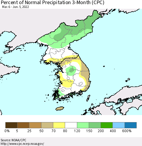 Korea Percent of Normal Precipitation 3-Month (CPC) Thematic Map For 3/6/2022 - 6/5/2022