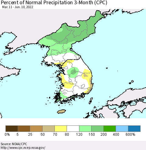 Korea Percent of Normal Precipitation 3-Month (CPC) Thematic Map For 3/11/2022 - 6/10/2022