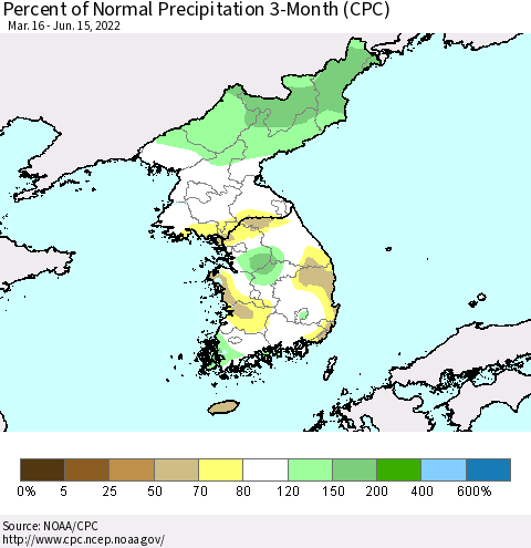 Korea Percent of Normal Precipitation 3-Month (CPC) Thematic Map For 3/16/2022 - 6/15/2022