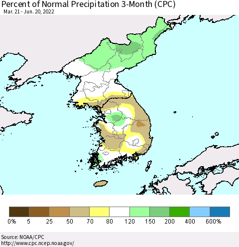 Korea Percent of Normal Precipitation 3-Month (CPC) Thematic Map For 3/21/2022 - 6/20/2022