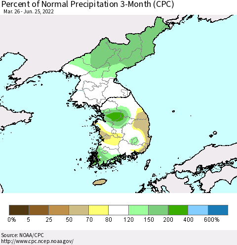 Korea Percent of Normal Precipitation 3-Month (CPC) Thematic Map For 3/26/2022 - 6/25/2022