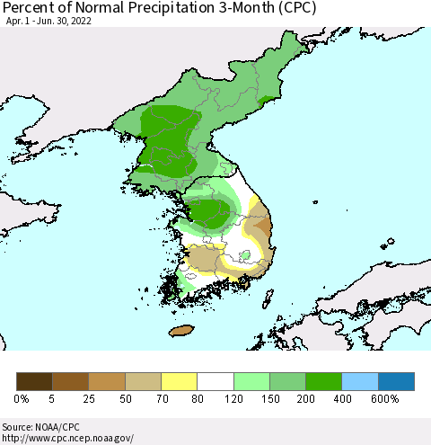 Korea Percent of Normal Precipitation 3-Month (CPC) Thematic Map For 4/1/2022 - 6/30/2022