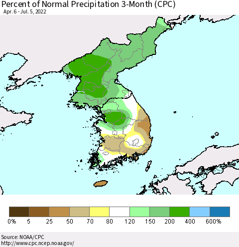 Korea Percent of Normal Precipitation 3-Month (CPC) Thematic Map For 4/6/2022 - 7/5/2022