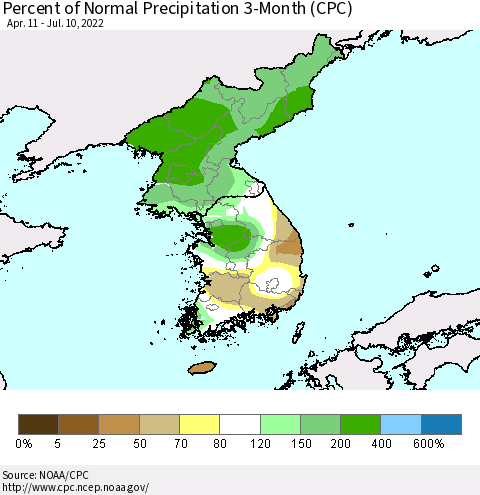 Korea Percent of Normal Precipitation 3-Month (CPC) Thematic Map For 4/11/2022 - 7/10/2022