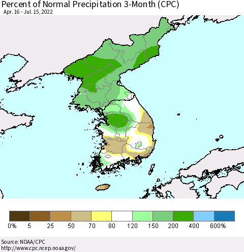Korea Percent of Normal Precipitation 3-Month (CPC) Thematic Map For 4/16/2022 - 7/15/2022