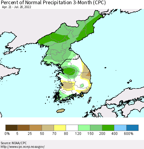 Korea Percent of Normal Precipitation 3-Month (CPC) Thematic Map For 4/21/2022 - 7/20/2022