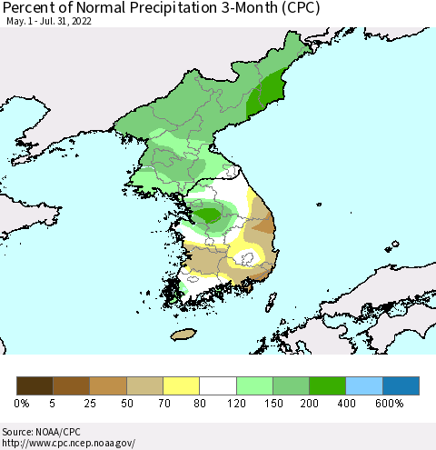 Korea Percent of Normal Precipitation 3-Month (CPC) Thematic Map For 5/1/2022 - 7/31/2022