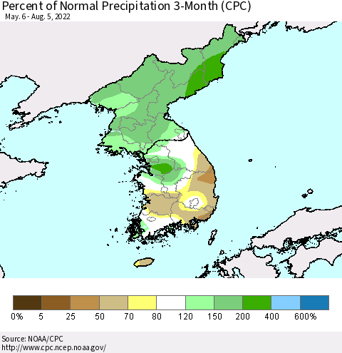 Korea Percent of Normal Precipitation 3-Month (CPC) Thematic Map For 5/6/2022 - 8/5/2022