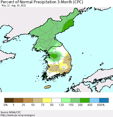 Korea Percent of Normal Precipitation 3-Month (CPC) Thematic Map For 5/11/2022 - 8/10/2022