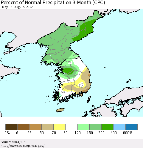 Korea Percent of Normal Precipitation 3-Month (CPC) Thematic Map For 5/16/2022 - 8/15/2022