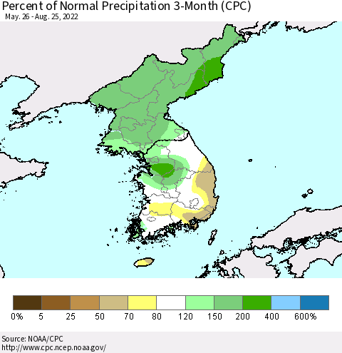 Korea Percent of Normal Precipitation 3-Month (CPC) Thematic Map For 5/26/2022 - 8/25/2022