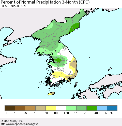 Korea Percent of Normal Precipitation 3-Month (CPC) Thematic Map For 6/1/2022 - 8/31/2022