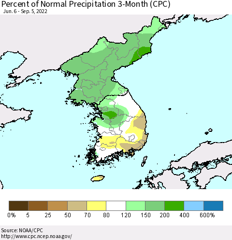 Korea Percent of Normal Precipitation 3-Month (CPC) Thematic Map For 6/6/2022 - 9/5/2022