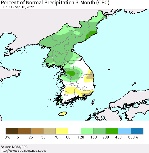 Korea Percent of Normal Precipitation 3-Month (CPC) Thematic Map For 6/11/2022 - 9/10/2022