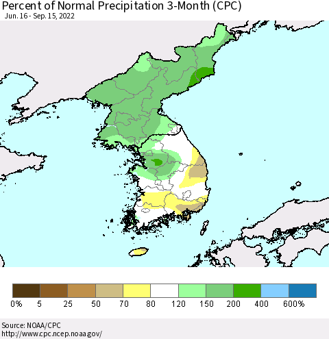 Korea Percent of Normal Precipitation 3-Month (CPC) Thematic Map For 6/16/2022 - 9/15/2022